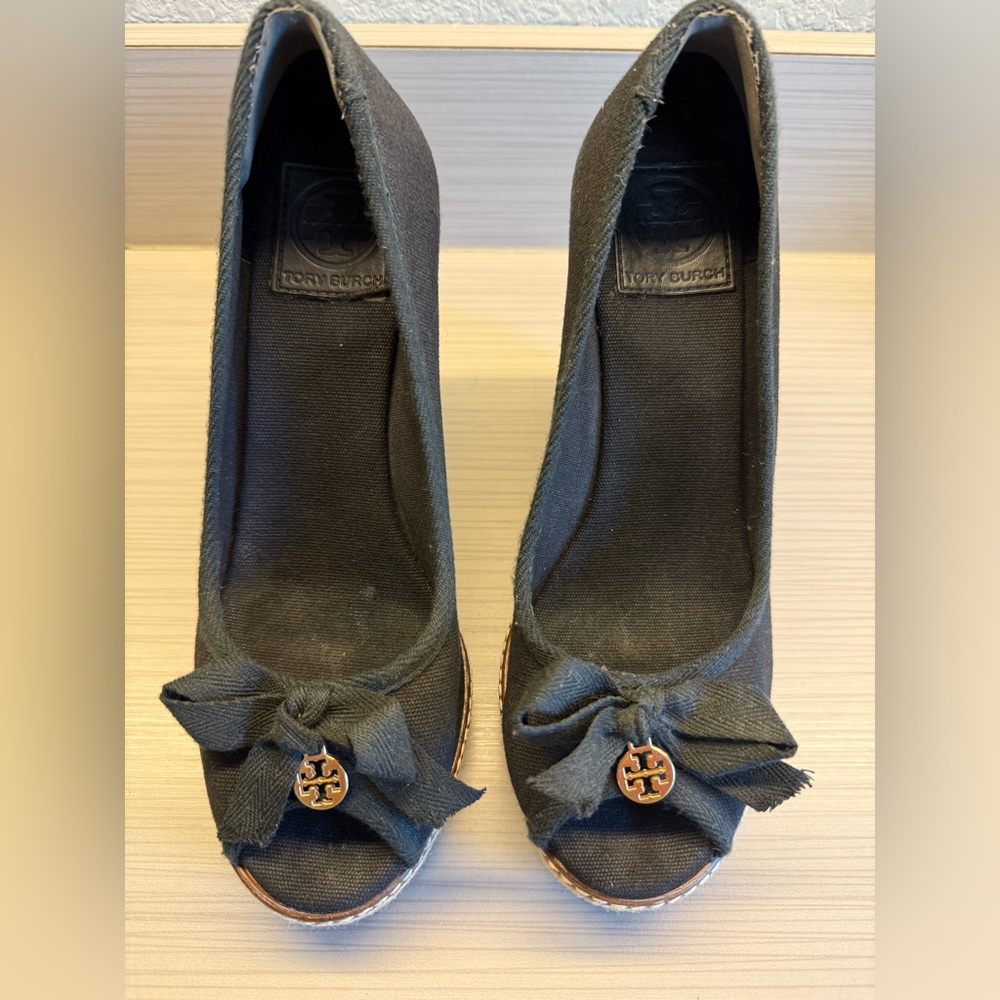 Tory Burch Black Canvas Wedge Peep-Toe Espadrilles with Bow